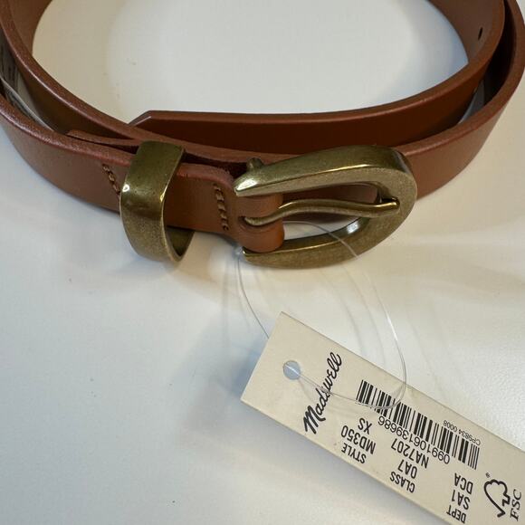 NWT MADEWELL Chunky Buckle Skinny Leather Belt Brown Gold  XS - Picture 4 of 6